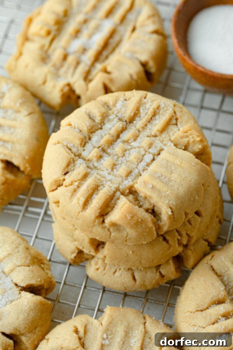 A delightful stack of three classic peanut butter cookies, perfectly showcasing their soft texture and signature crisscross pattern. They look tempting and ready to be devoured.