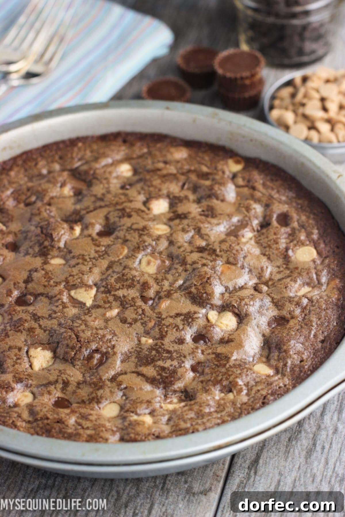 Close-up of a slice of Fudgy Peanut Butter Brownie Cake, showcasing its dense texture and generous mix-ins.