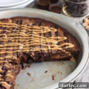A beautifully presented Fudgy Peanut Butter Brownie Cake, showing its appealing texture and delicious drizzle.