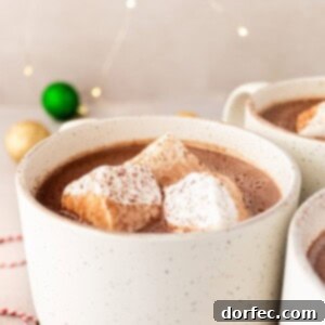 A charming photo of a white mug filled with creamy homemade hot chocolate topped with three large marshmallows, perfect for the recipe card.