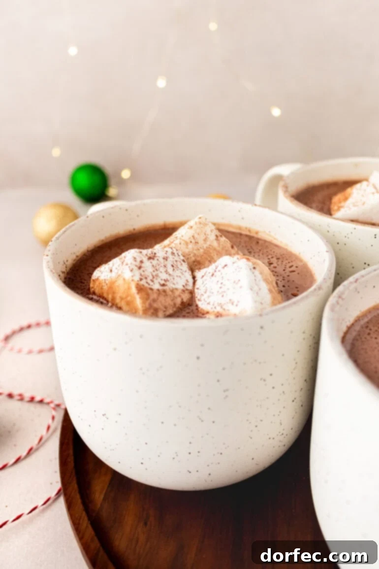 Velvety Homemade Hot Chocolate Perfection 3 A close-up photo of a cup of creamy homemade hot chocolate generously topped with three large, fluffy marshmallows, evoking a sense of cozy indulgence.