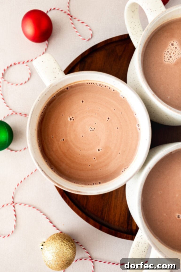Velvety Homemade Hot Chocolate Perfection 4 An overhead shot of three white mugs brimming with creamy homemade hot chocolate, perfectly garnished for a festive and comforting treat.
