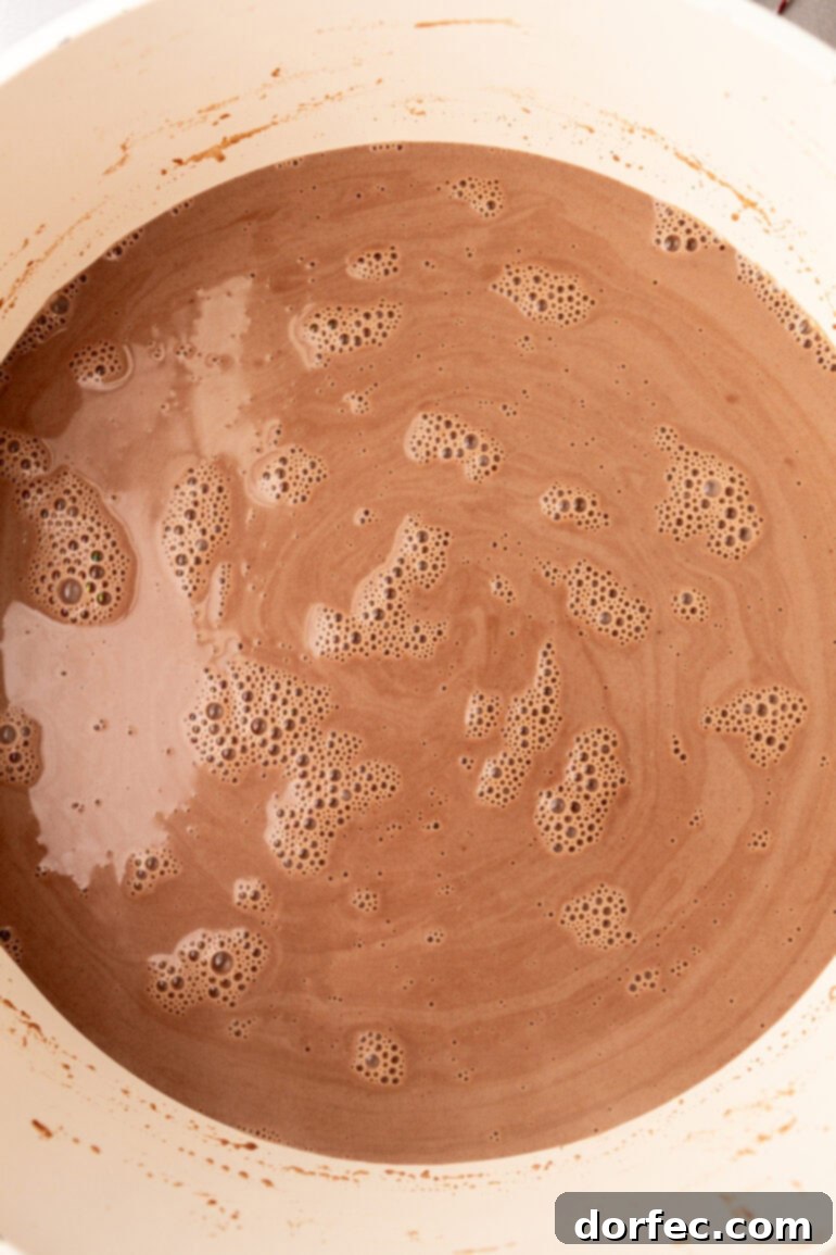 Velvety Homemade Hot Chocolate Perfection 7 A vibrant photo of homemade hot chocolate simmering in a large saucepan, with the liquid looking rich and inviting, promising a delicious outcome.