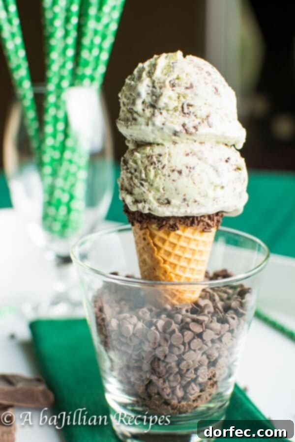 Close-up of creamy Mint Chocolate Stracciatella Ice Cream showing delicate chocolate flakes.