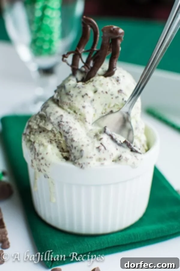 Large bowl of homemade Mint Chocolate Stracciatella Ice Cream, ready to be enjoyed.