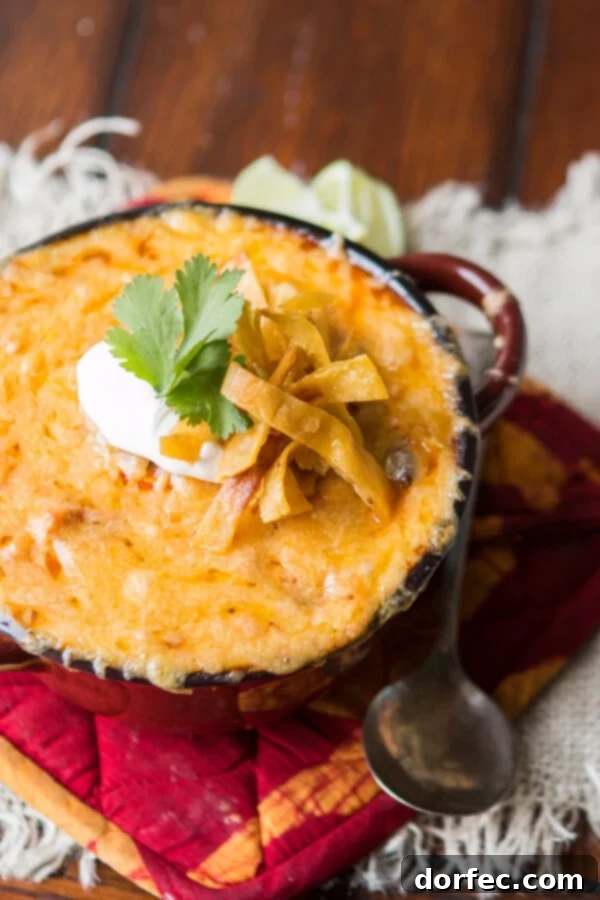 Honey Lime Chicken Enchiladas Soup in a pot A large pot filled with delicious Honey Lime Chicken Enchiladas Soup, steaming and ready to serve