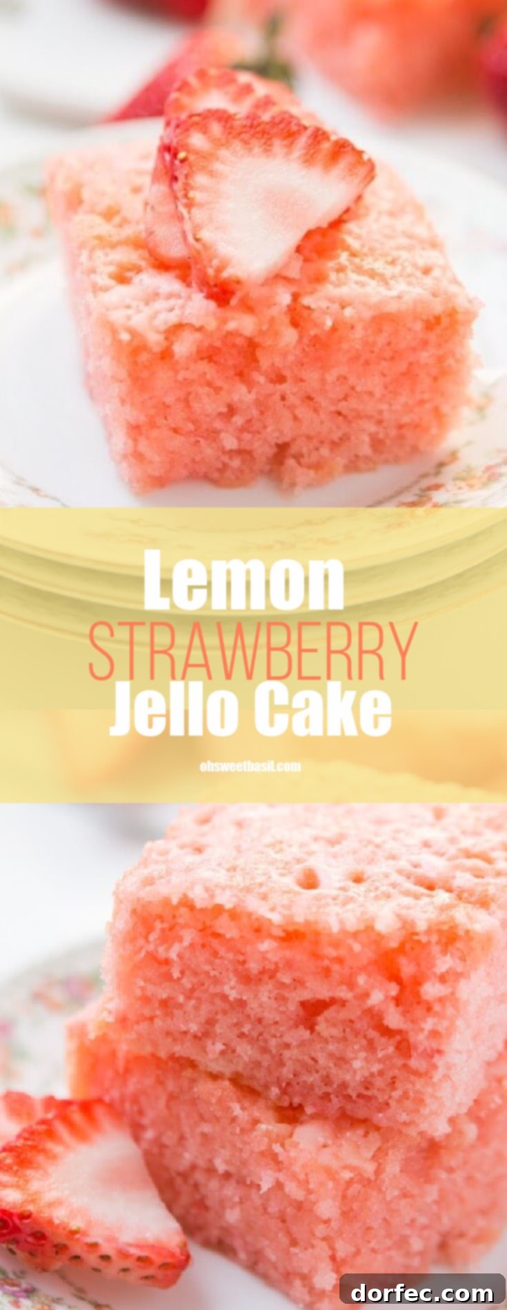 A generous slice of Strawberry Lemonade Jello Cake, perfectly moist and garnished with fresh berries and lemon zest, ready to be enjoyed.