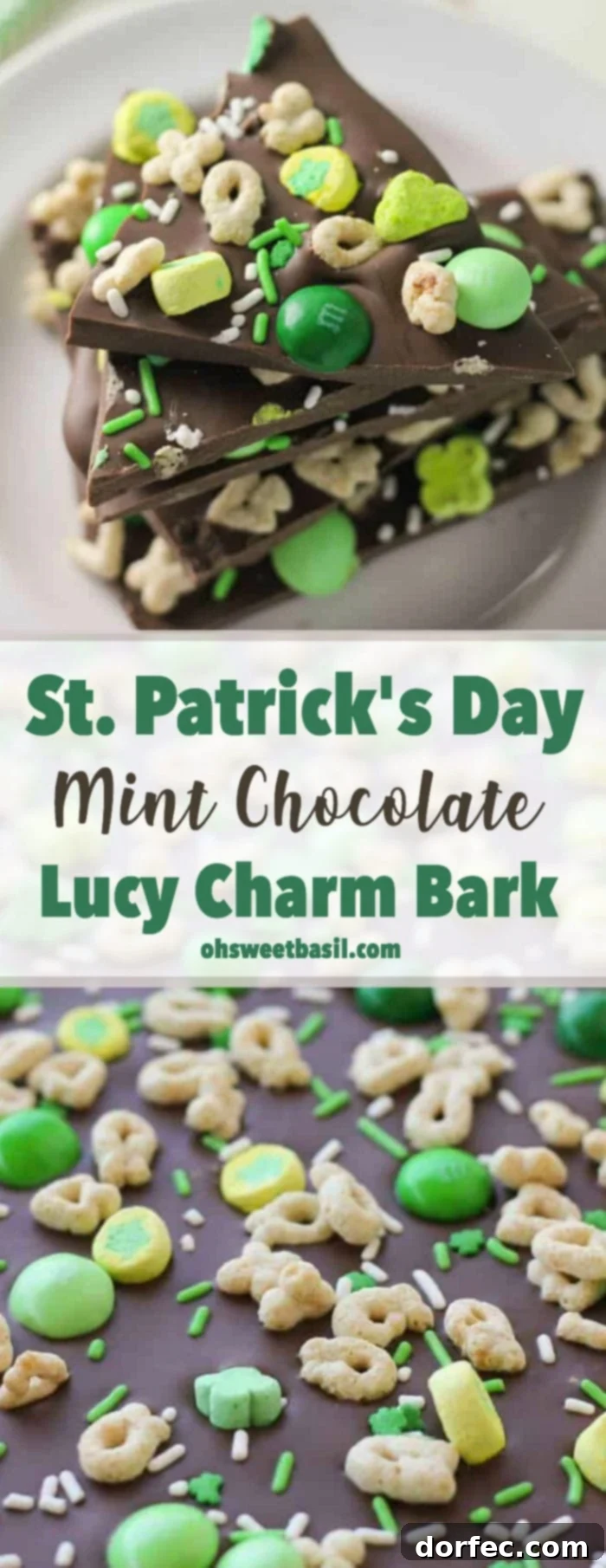 A stack of Mint Chocolate St. Patrick's Day Lucky Charm Bark with sprinkles, Lucky Charms and M & M’s on top.