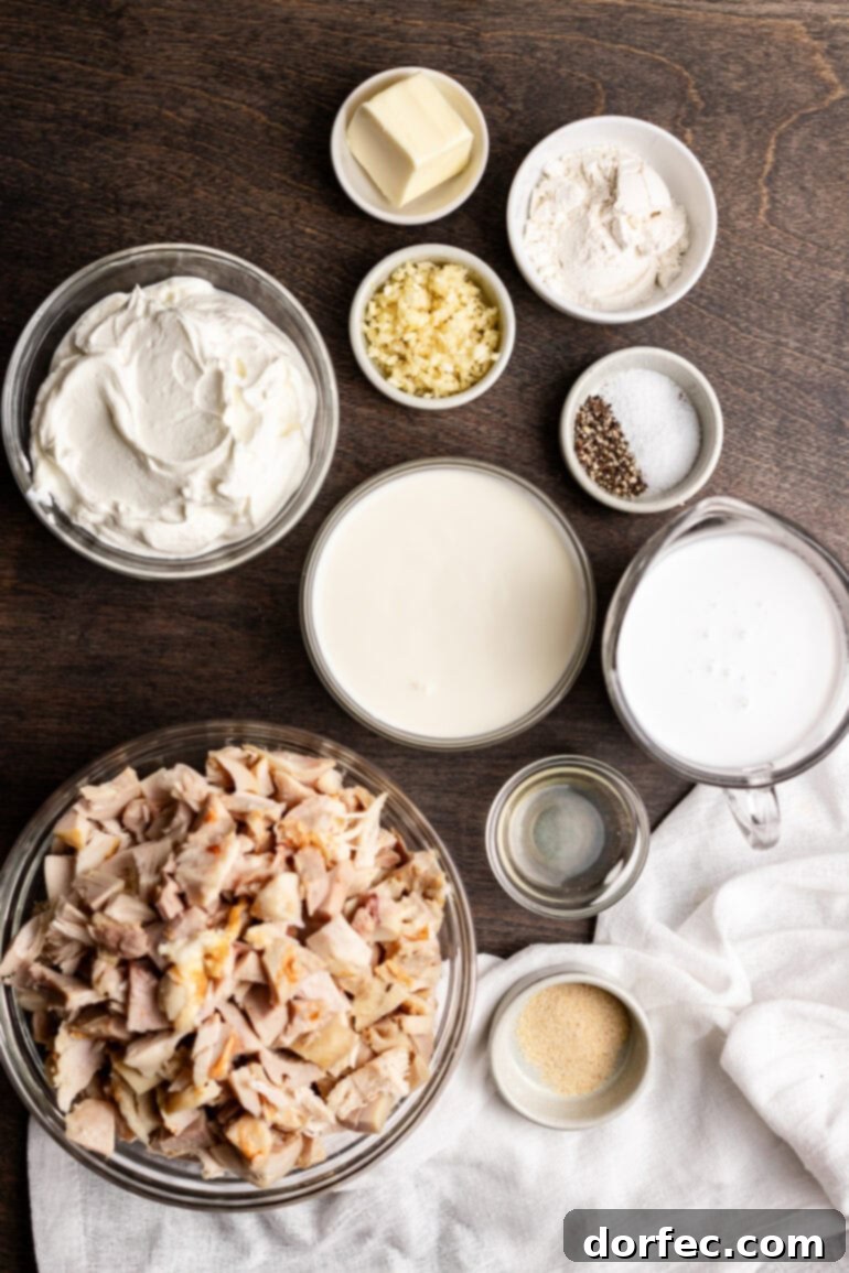 A vibrant selection of ingredients for the creamy Hawaiian Haystacks sauce, featuring a can of full-fat coconut milk, rich chicken broth, fresh garlic cloves, chopped onion, a stick of butter, and a container of cornstarch, all meticulously arranged to create a silky, irresistible base.