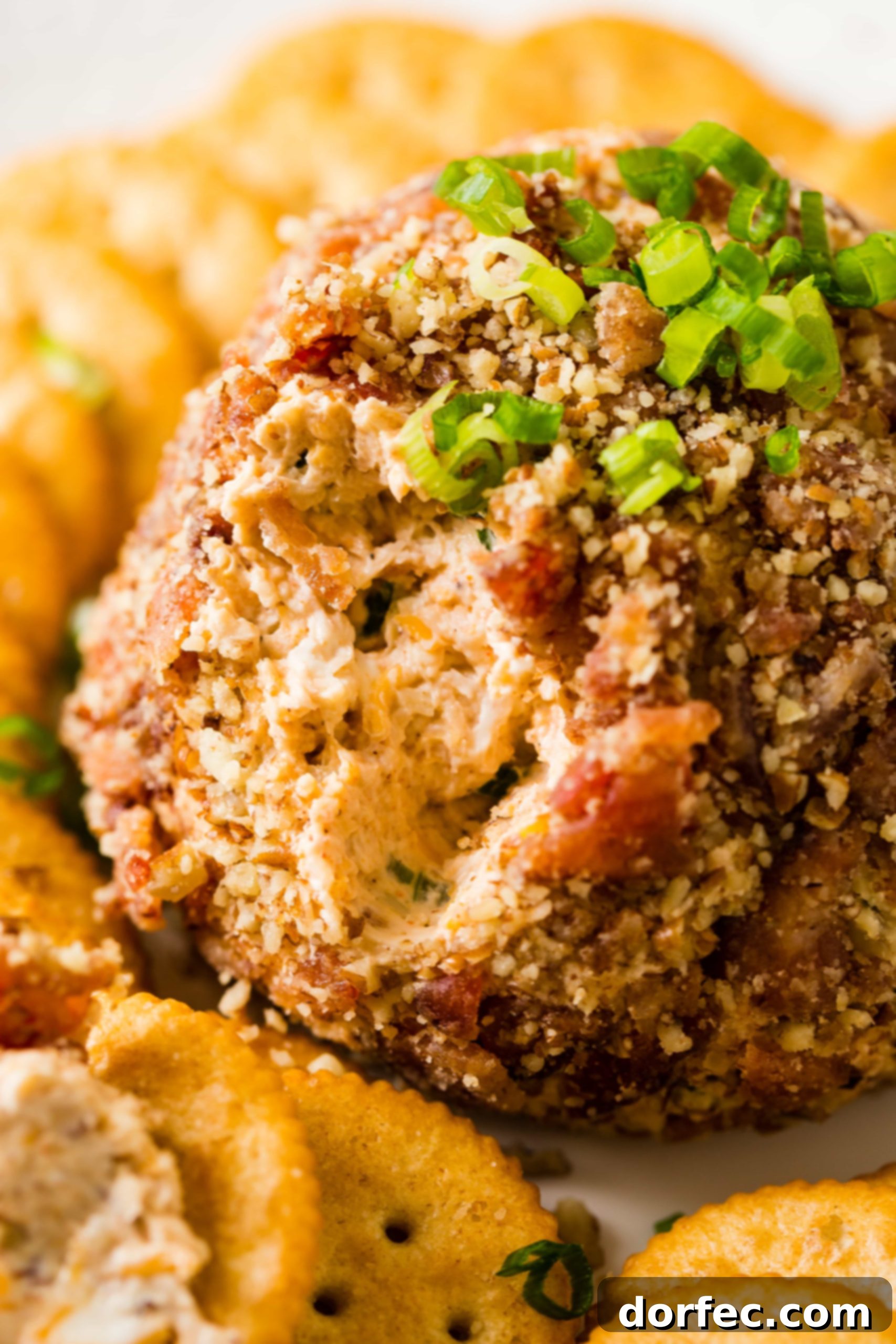 Close-up of the BBQ Bacon Cheese Ball coated in crunchy pecans and brown sugar bacon
