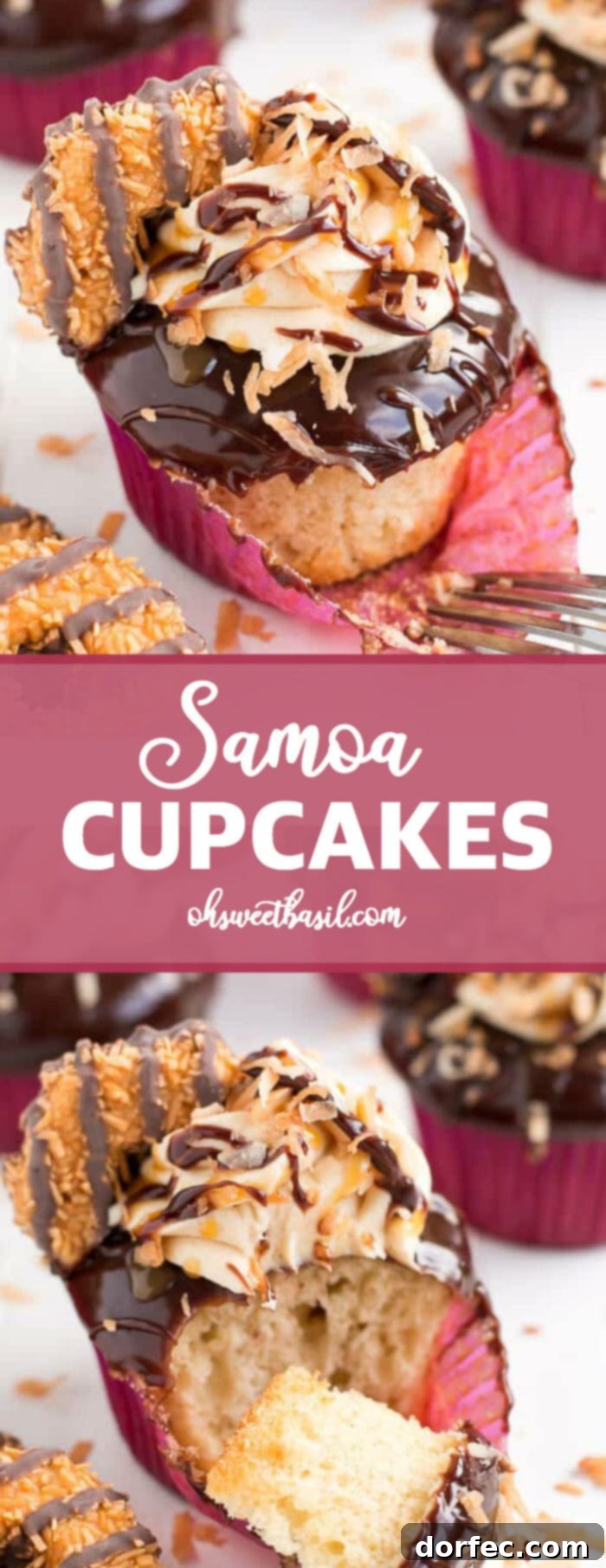 A stunning vertical shot of Samoa Cupcakes, perfectly adorned with chocolate, caramel, toasted coconut, and a Samoa cookie piece.