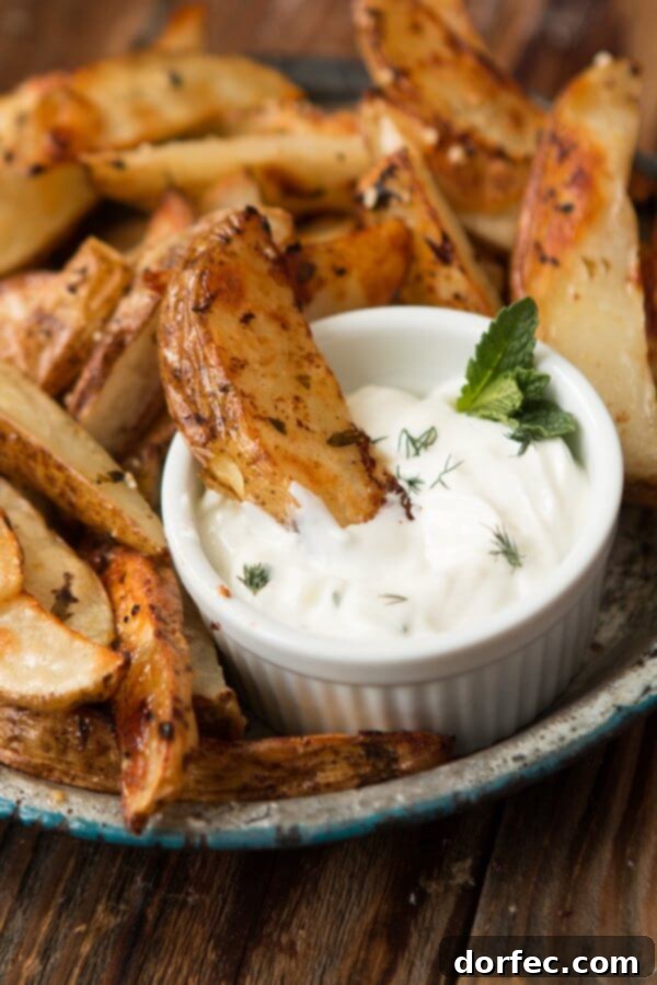 Irresistibly crispy Greek Roasted Potatoes paired with creamy, homemade Garlic Tzatziki Sauce, a perfect Mediterranean side dish.