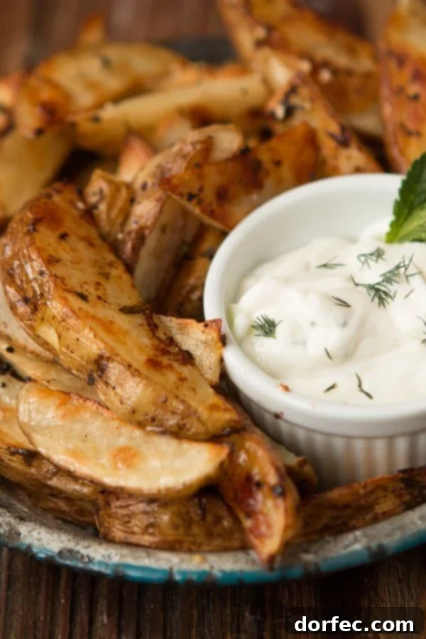 Close-up of perfectly golden-brown Greek Roasted Potatoes, seasoned with lemon and herbs, ready for dipping into tzatziki.