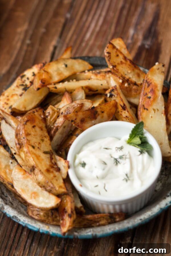 A bowl of fresh, creamy Garlic Tzatziki Sauce, garnished with fresh dill, waiting to be paired with crispy roasted potatoes.