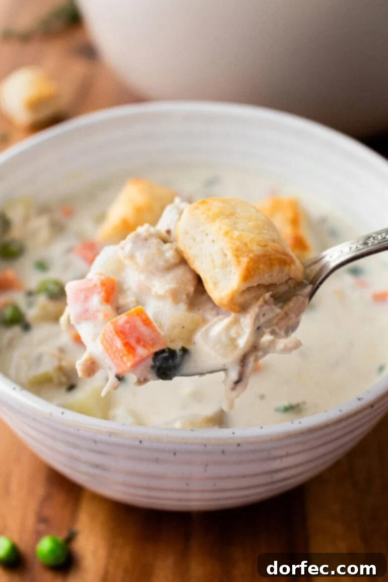 A photo of a bowl of creamy chicken pot pie soup topped with small golden biscuits
