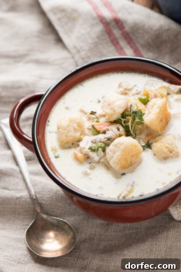 Take your favorite comfort food and turn it into the best cold weather soup ever, chicken pot pie soup! We even made some fluffy little biscuits to throw on top like you would crackers. 