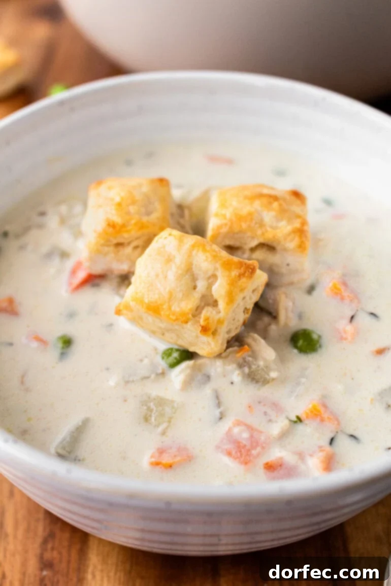 A photo of a bowl of creamy pot pie soup topped with three small biscuits