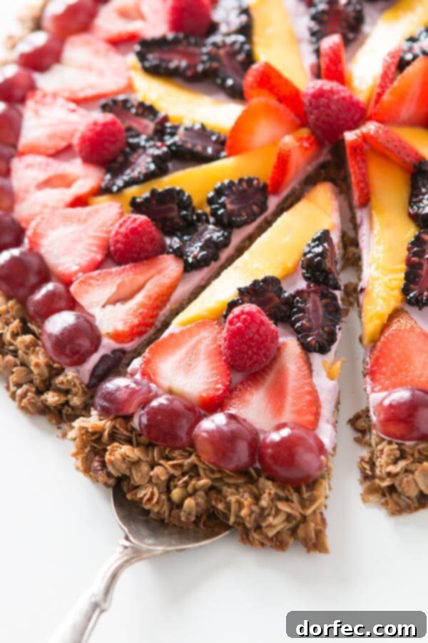 This breakfast fruit and yogurt pizza has become one of our all time favorite recipes. Easy, crunchy granola, creamy mixed berry "sauce" and fruit! ohsweetbasil.com dessert