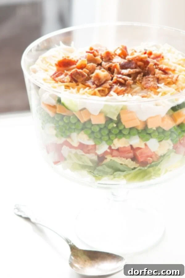 A beautifully presented 7 Layer Salad, ready to be served, showcasing its vibrant layers and inviting texture.