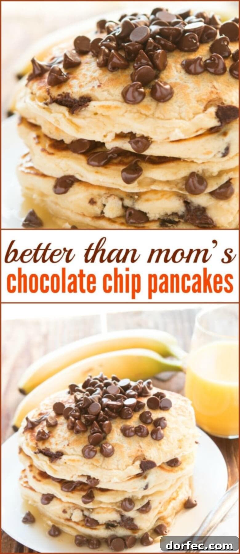 A final close-up image of a stack of golden chocolate chip pancakes, emphasizing their fluffy texture and abundance of melted chocolate.