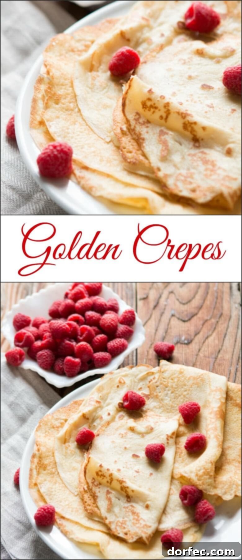 Golden crepes topped with berry syrup A stack of perfectly golden crepes with a generous drizzle of Marionberry Strawberry Syrup, garnished with fresh berries.