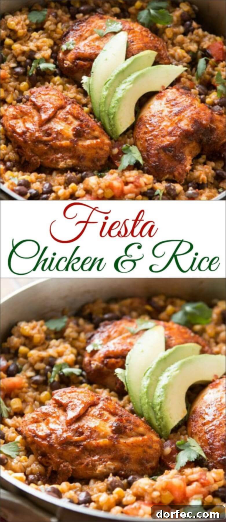 A vibrant, healthy one-skillet Mexican Fiesta Chicken and Rice with fresh cilantro and avocado, ready to be served.