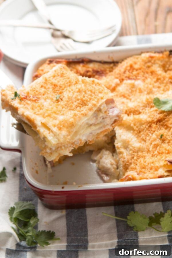 Close-up of creamy white sauce for Chicken Cordon Bleu Lasagna, highlighting the importance of fresh nutmeg.