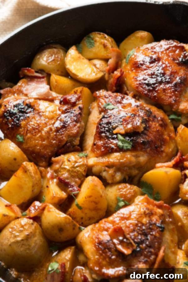 Braised chicken thighs and potatoes simmered in a rich Dijon sauce in a cast iron skillet, ready to be served.