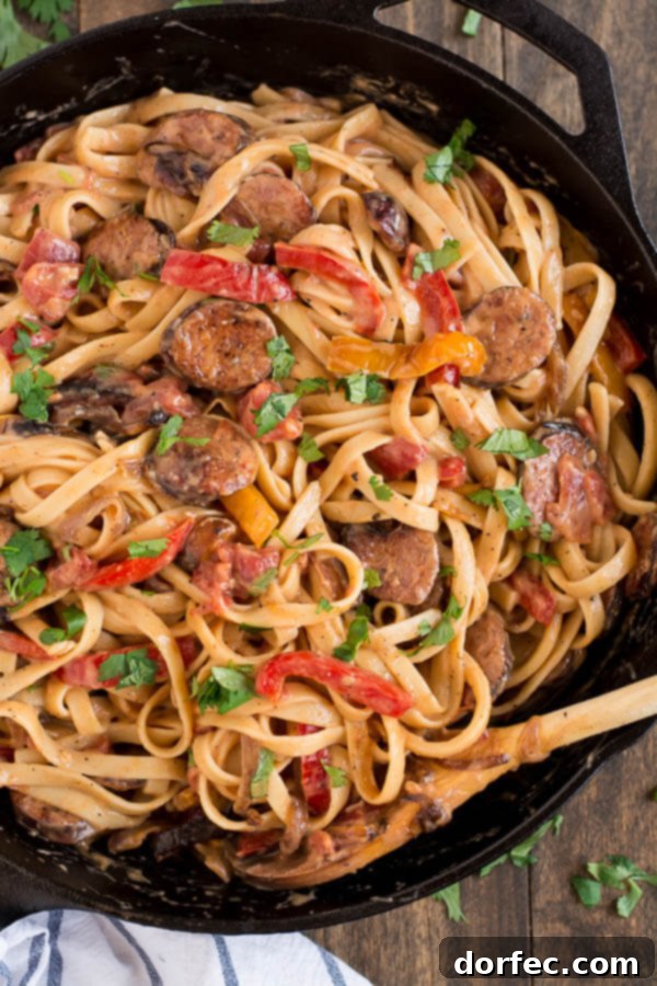Close-up of the Creamy Cajun Pasta with Smoked Sausage, ready to be served