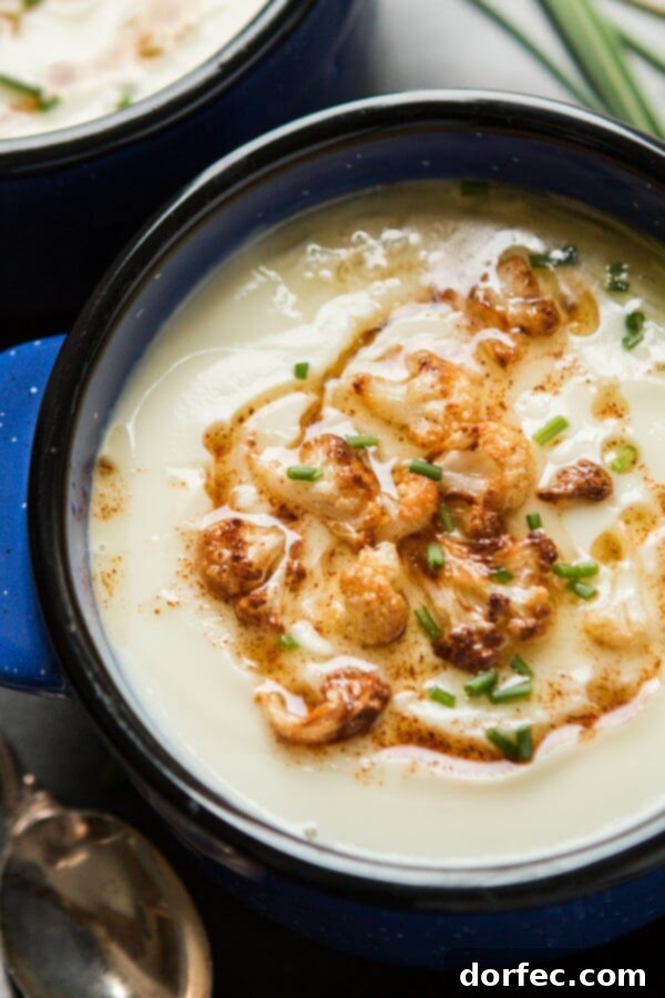 Delicious brown butter cauliflower soup, a creamy, potato-like delight without dairy!