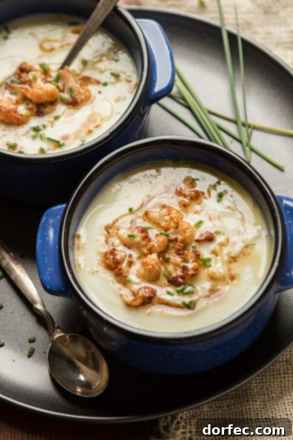 A close-up of creamy brown butter cauliflower soup, ready to be enjoyed.