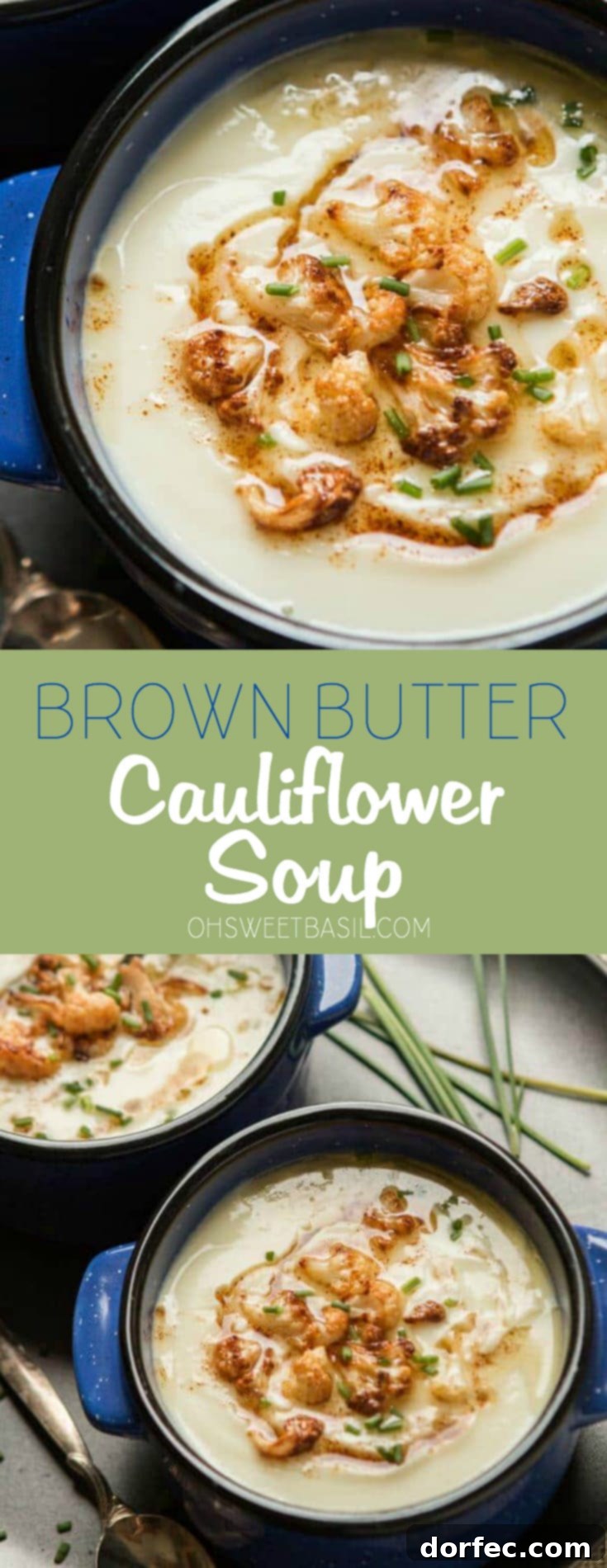 A beautiful blue bowl filled with creamy brown butter cauliflower soup, garnished with browned florets and chives.