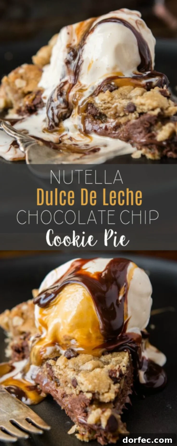 Heavenly Nutella Dulce De Leche Chocolate Chip Cookie Pie 3 A beautifully decorated Nutella Dulce de Leche Chocolate Chip Cookie Pie, sliced and ready to serve.