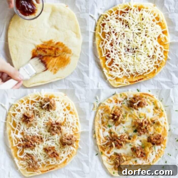 photo collage - The four different stages of making this delicious pulled pork pizza. Painting barbecue sauce on flatbread. Adding cheese, pulled pork and other toppings.