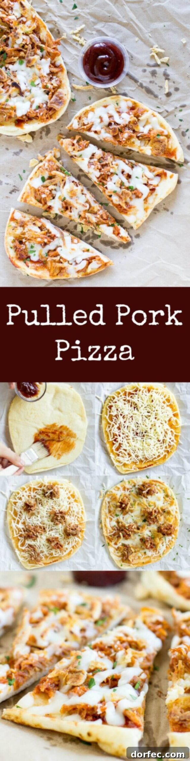 photo collage - Easy Flatbread Pulled Pork Pizza with cheese and crunchy onions with a side of delicious barbecue sauce.