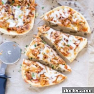 Four slice of easy Pulled Pork Pizza next to a whole flatbread pulled pork pizza.