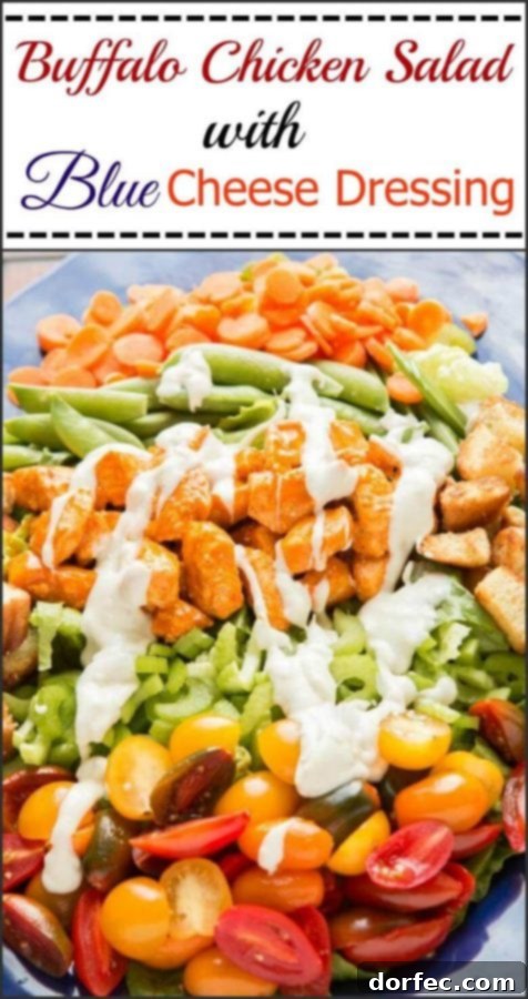 A large serving platter of Buffalo Chicken Salad, garnished with fresh herbs and an extra drizzle of blue cheese dressing. ohsweetbasil.com A large serving platter of Buffalo Chicken Salad, garnished with fresh herbs and an extra drizzle of blue cheese dressing. ohsweetbasil.com