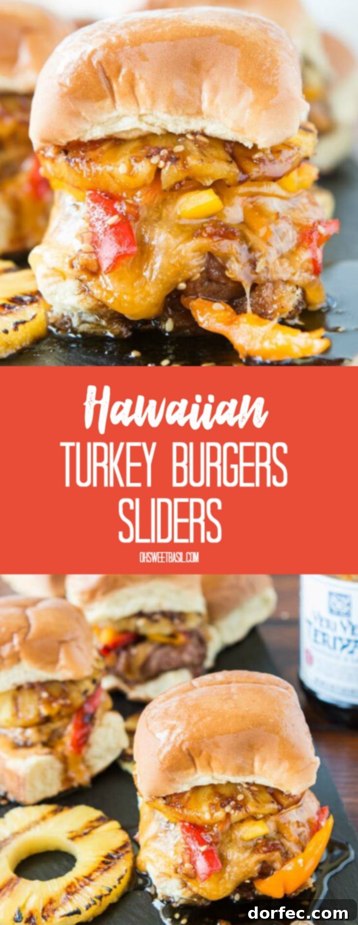 Aloha Turkey Sliders 2 A beautifully composed shot of Hawaiian Turkey Burger Sliders, featuring golden-brown turkey patties, melted cheese, and grilled pineapple, all nestled in sweet Hawaiian rolls.