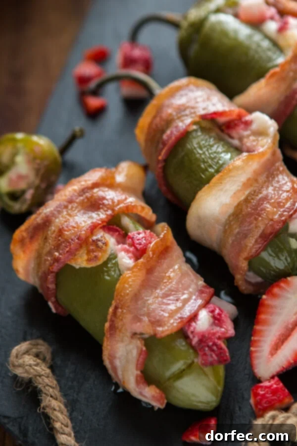 Close-up of bacon wrapped strawberry stuffed jalapenos, showcasing the golden bacon and juicy strawberries