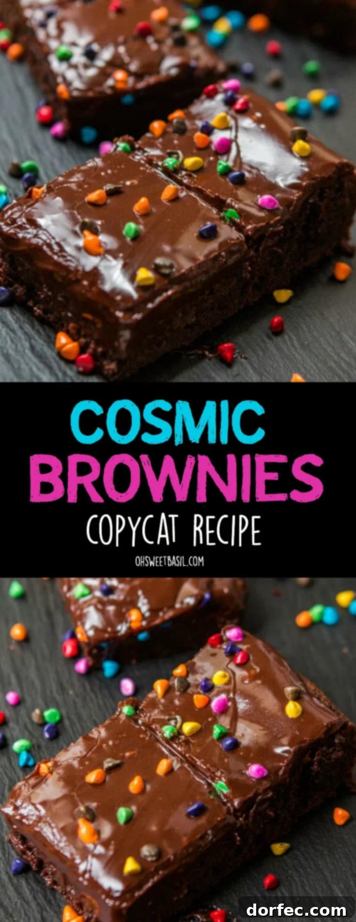 A beautifully arranged plate of fudgy Cosmic Brownies with vibrant rainbow chip candies, perfect for dessert or a nostalgic treat.