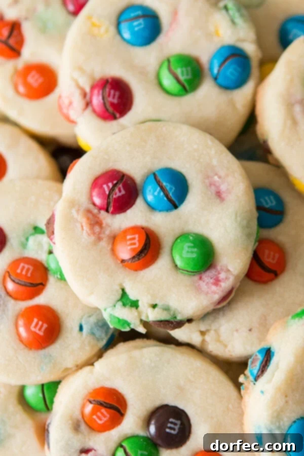 Close-up of Shortbread M&M Cookies showcasing vibrant colors and crumbly texture