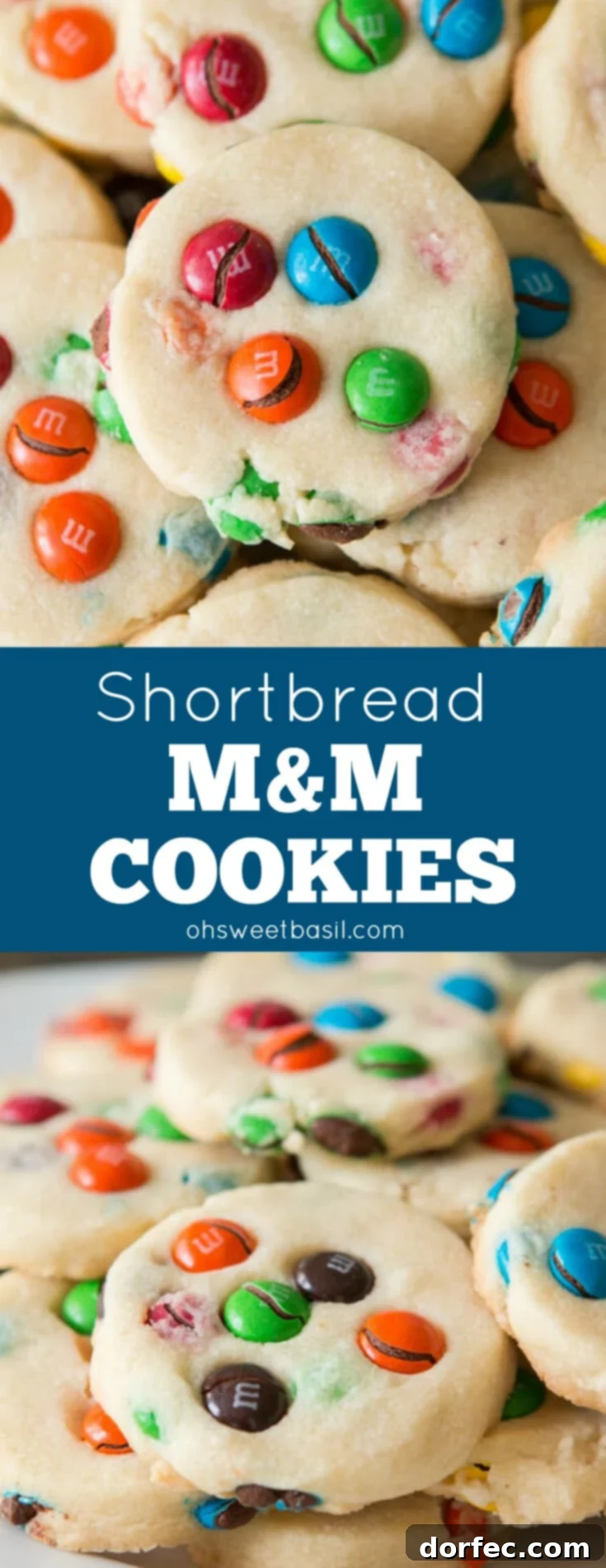 A stack of buttery Shortbread M&M Cookies, perfect for any snack or dessert.
