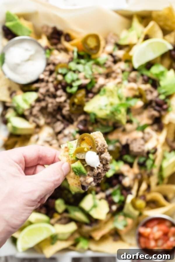 Loaded taco-style nachos, piled high with savory meat, cheese, and all your favorite nacho toppings.