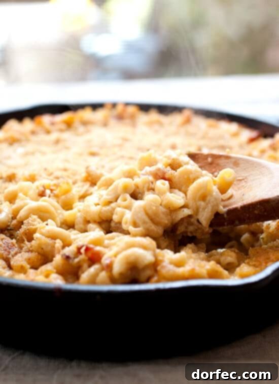Creamy, cheesy macaroni and cheese baked to perfection in a cast iron skillet, with a golden-brown crust.