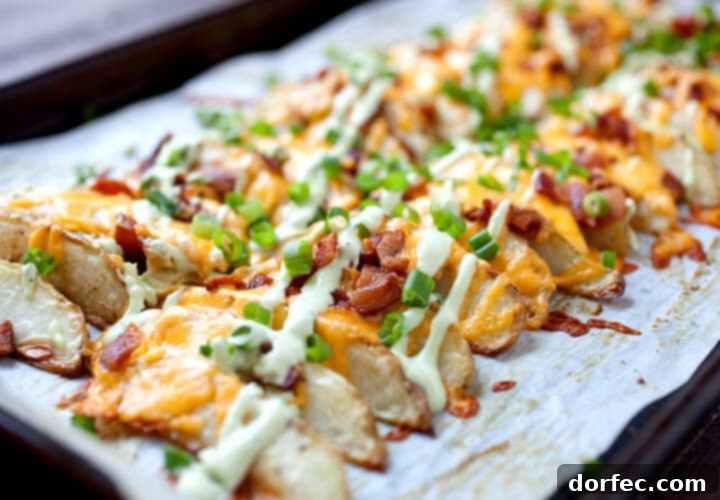 Crispy baked potato wedges loaded with melted cheese, crispy bacon bits, and fresh green onions.