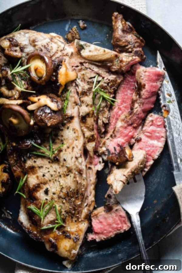 A perfectly grilled Porterhouse steak, thick and juicy, served with savory sautéed mushrooms, ready for a special meal.