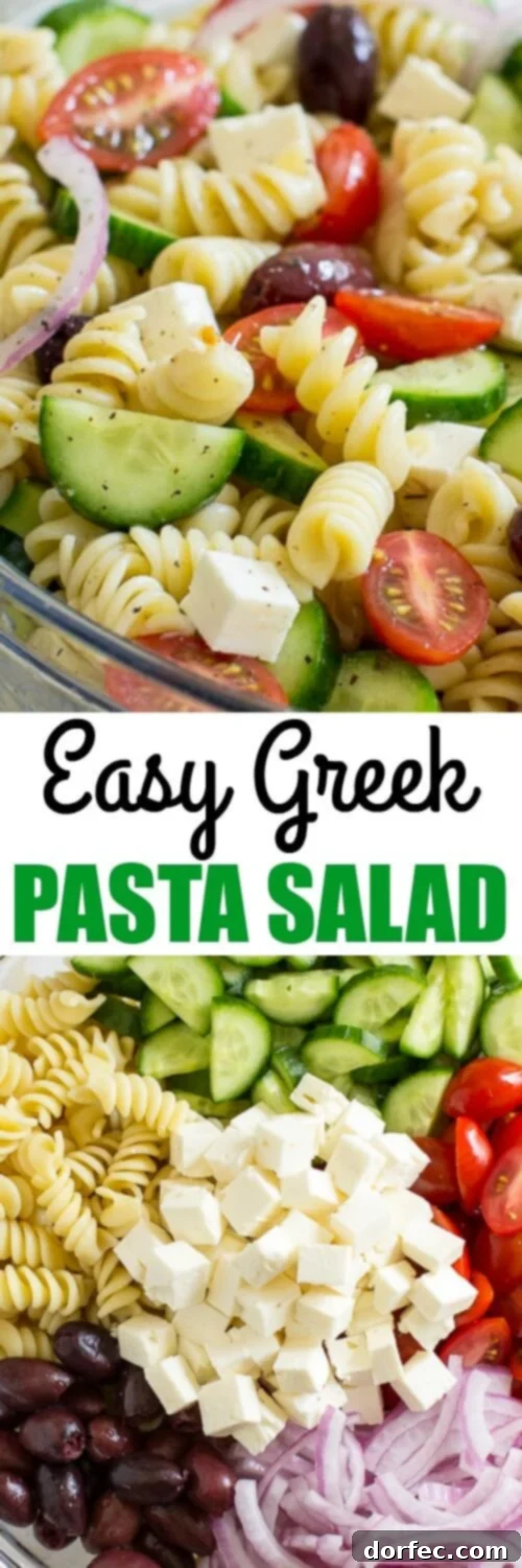Easy Greek Pasta Salad 10 A photo collage featuring close-up shots of Greek Pasta Salad ingredients and the finished dish.