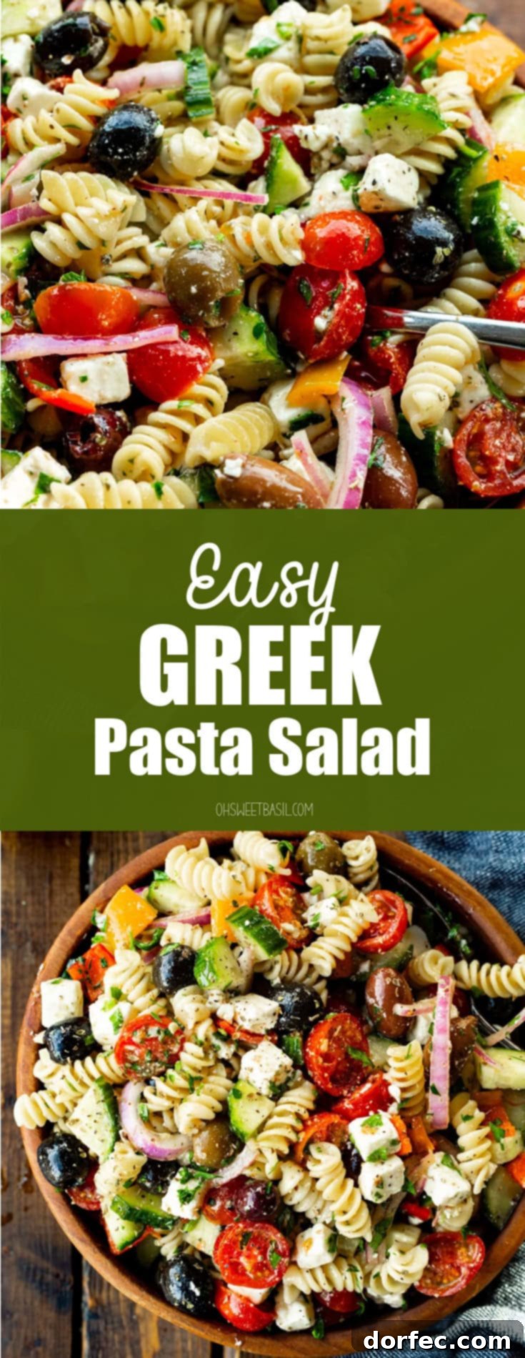 Easy Greek Pasta Salad 9 A large wooden serving bowl filled with a vibrant Greek pasta salad, showcasing the delightful blend of ingredients and textures.