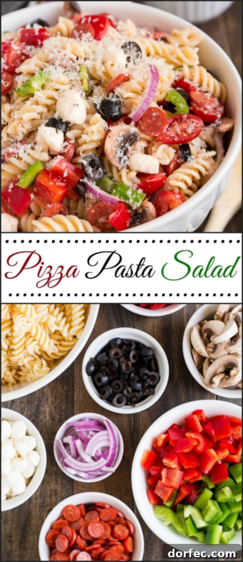 Serve Pizza Pasta Salad at your next barbecue and enjoy the delicious flavors of an Everything Pizza in this veggie, pepperoni, and cheese filled side dish. ohsweetbasil.com