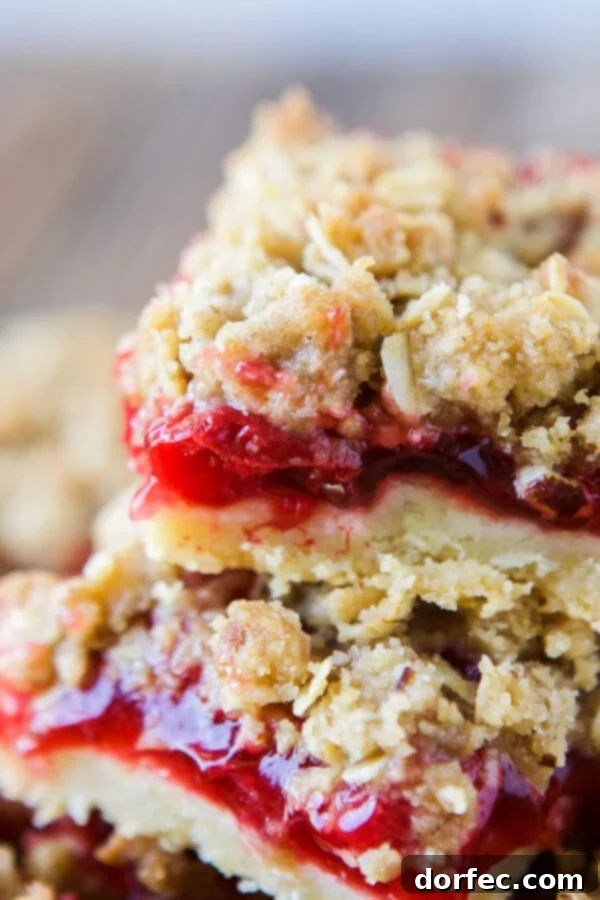 Cherry crisp bars with a buttery crust, sweet cherry filling, and pecan oat streusel topping, featuring Fisher Nuts. ohsweetbasil.com